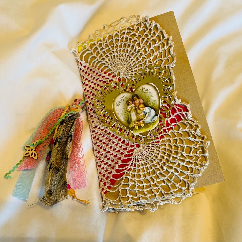 Junk Journal with Heart Design Doily, 6 x 9” Embellished Ephemera Handmade